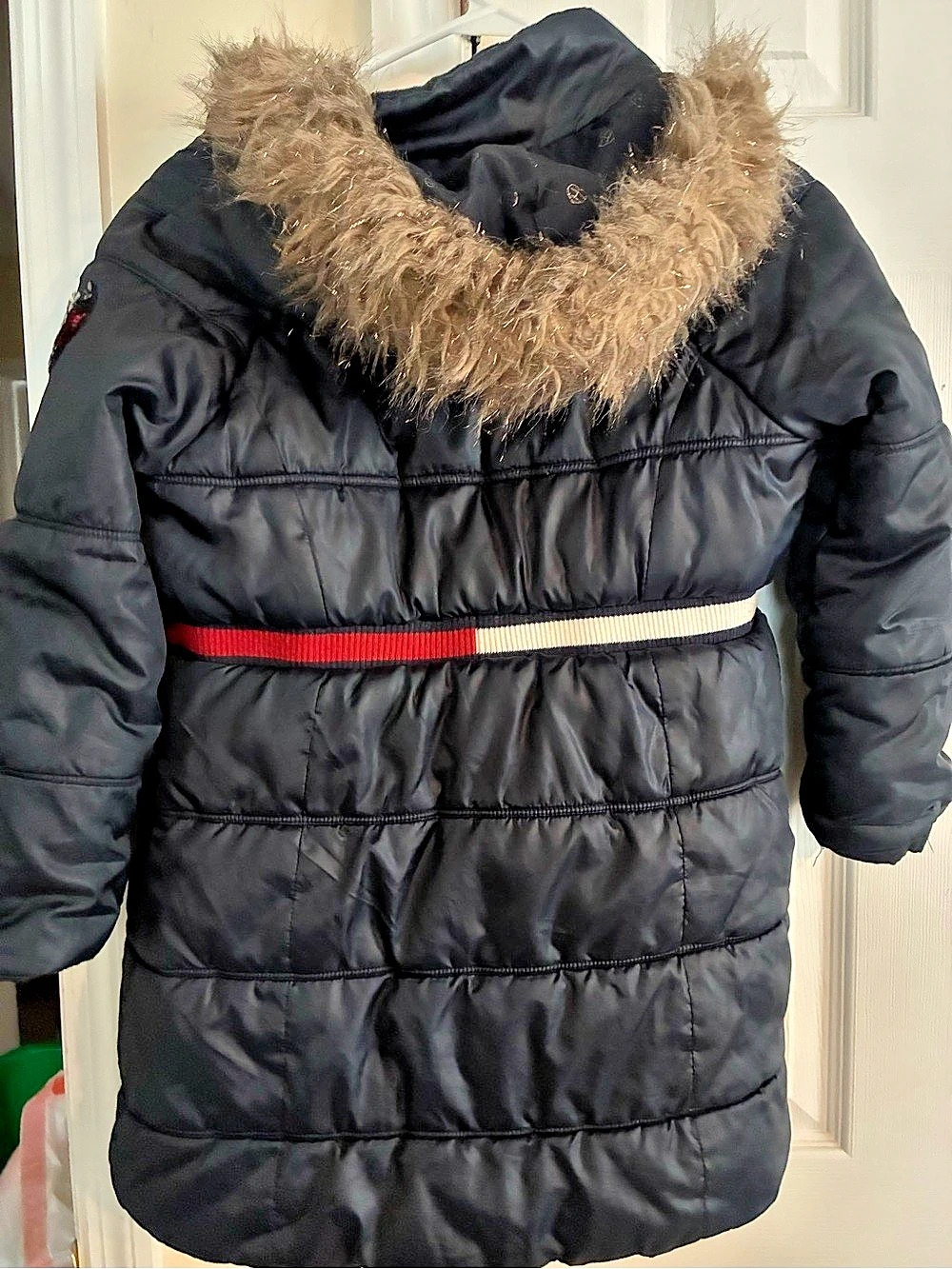 Tommy Hilfiger Big Girls Long Puffer Jacket with Faux Fur Hood Black & Red Size
